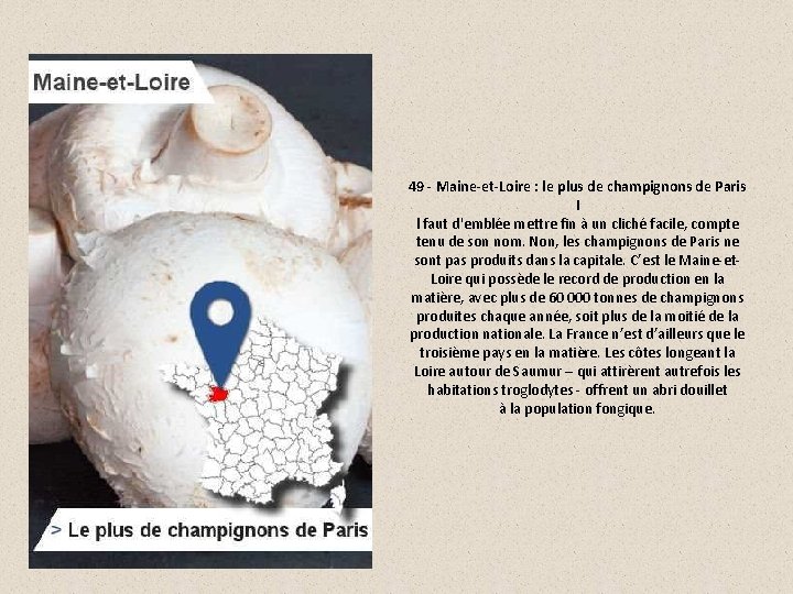 49 - Maine-et-Loire : le plus de champignons de Paris I l faut d'emblée