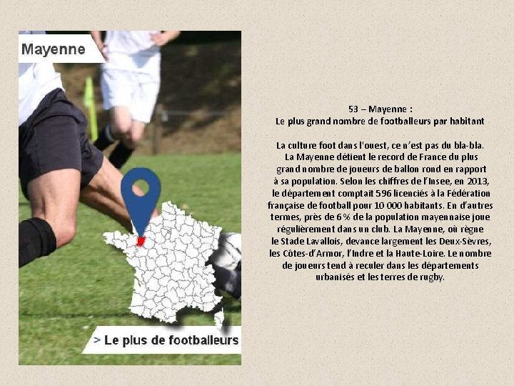 53 – Mayenne : Le plus grand nombre de footballeurs par habitant La culture