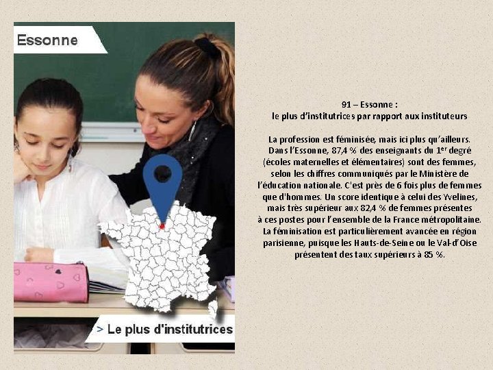 91 – Essonne : le plus d’institutrices par rapport aux instituteurs La profession est