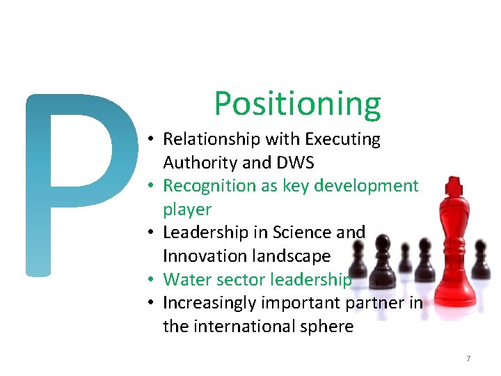 Positioning • Relationship with Executing Authority and DWS • Recognition as key development player Positioning • Relationship with Executing Authority and DWS • Recognition as key development player