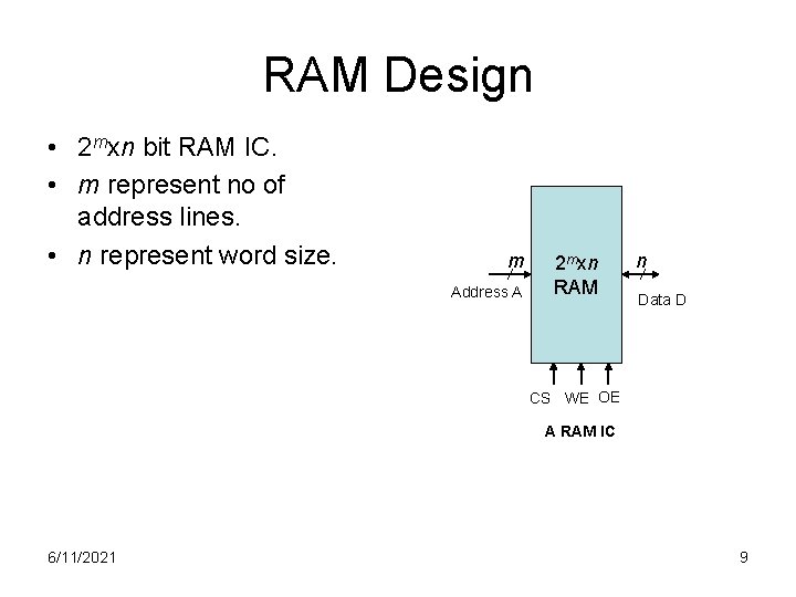 RAM Design • 2 mxn bit RAM IC. • m represent no of address