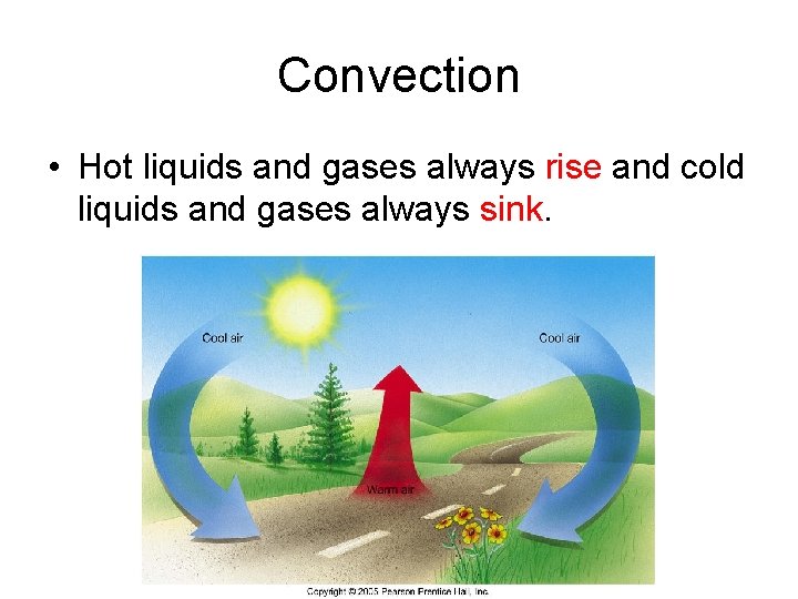 Convection • Hot liquids and gases always rise and cold liquids and gases always