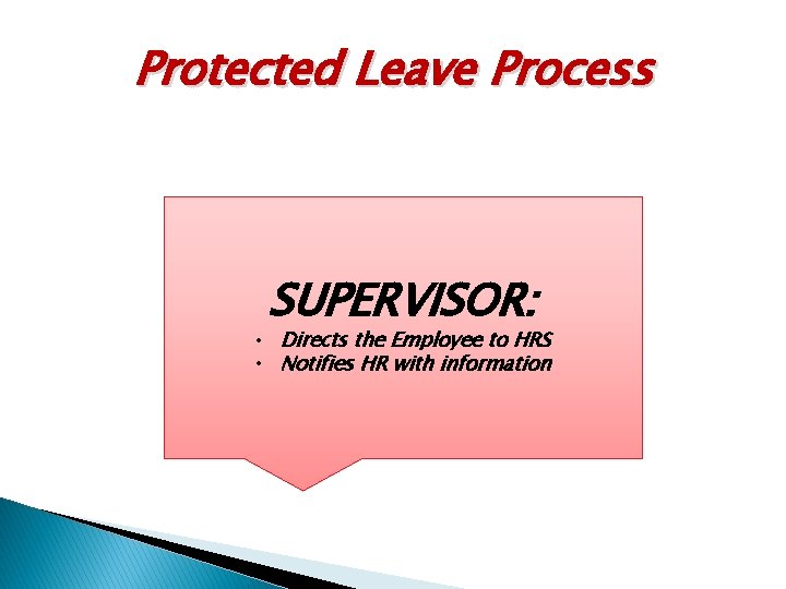Protected Leave Process SUPERVISOR: • Directs the Employee to HRS • Notifies HR with