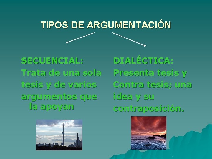 TIPOS DE ARGUMENTACIÓN SECUENCIAL: Trata de una sola tesis y de varios argumentos que