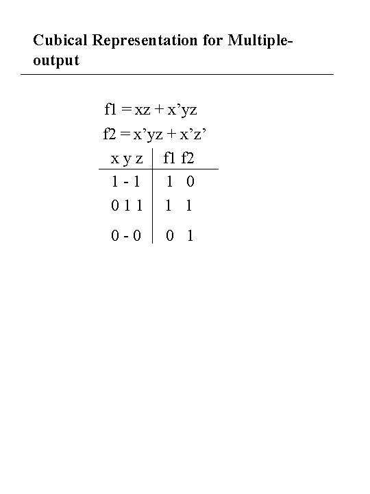 Cubical Representation for Multipleoutput f 1 = xz + x’yz f 2 = x’yz Cubical Representation for Multipleoutput f 1 = xz + x’yz f 2 = x’yz