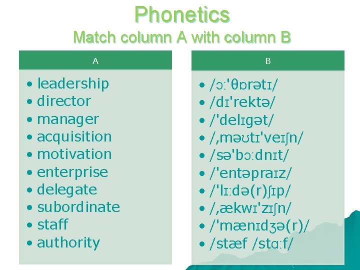 Phonetics Match column A with column B A • leadership • director • manager