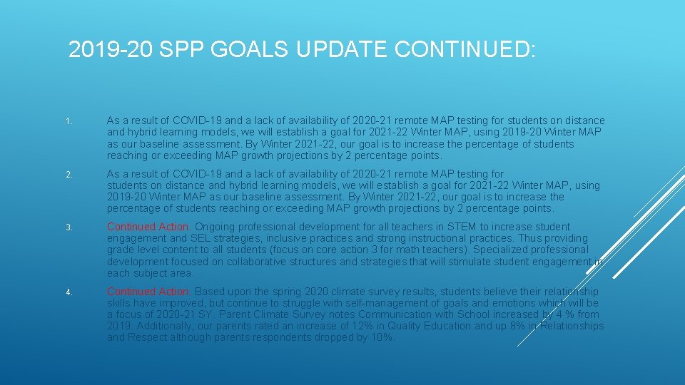 2019 -20 SPP GOALS UPDATE CONTINUED: 1. As a result of COVID-19 and a