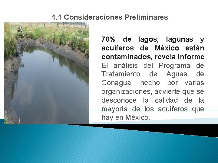 1. 1 Consideraciones Preliminares 70% de lagos, lagunas y acuíferos de México están contaminados,