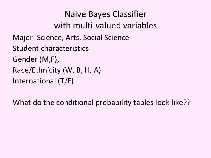 Naive Bayes Classifier with multi-valued variables Major: Science, Arts, Social Science Student characteristics: Gender Naive Bayes Classifier with multi-valued variables Major: Science, Arts, Social Science Student characteristics: Gender