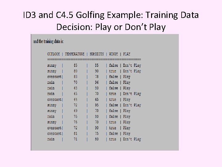 ID 3 and C 4. 5 Golfing Example: Training Data Decision: Play or Don’t
