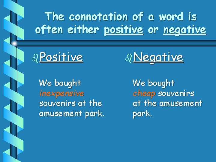 The connotation of often either positive b. Positive We bought inexpensive souvenirs at the