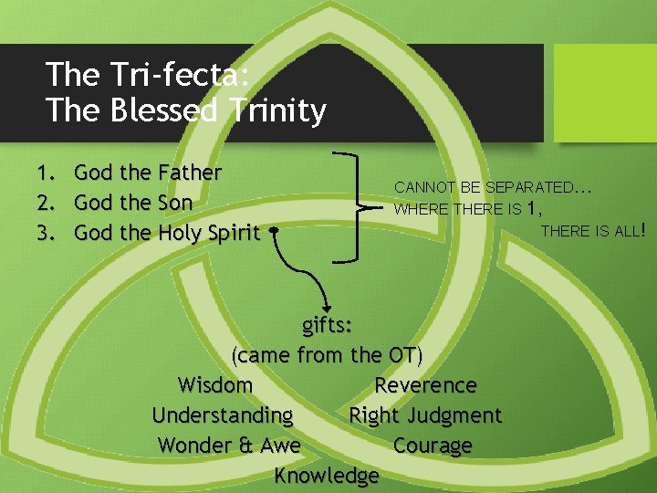 The Tri-fecta: The Blessed Trinity 1. God the Father 2. God the Son 3.