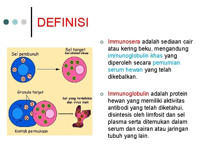 DEFINISI ¢ Immunosera adalah sediaan cair atau kering beku, mengandung immunoglobulin khas yang diperoleh