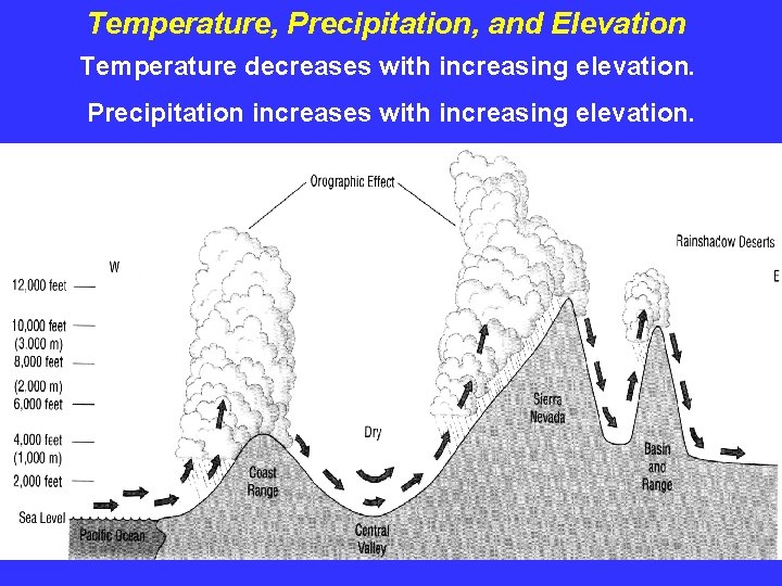 Temperature, Precipitation, and Elevation Temperature decreases with increasing elevation. Precipitation increases with increasing elevation.
