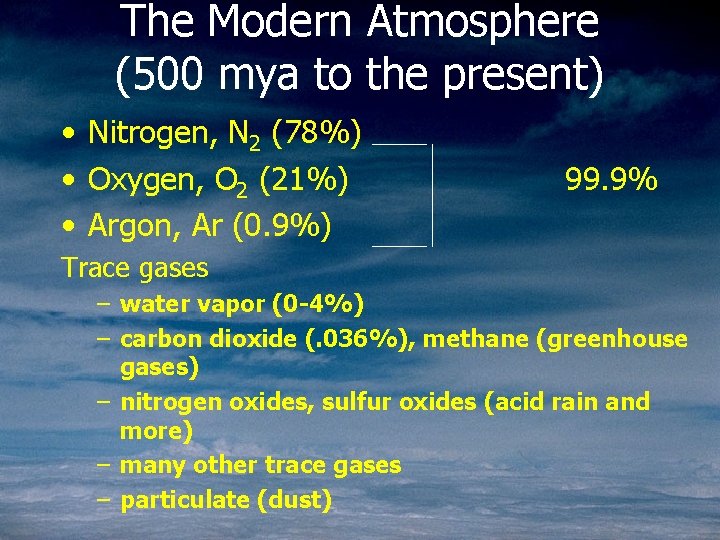The Modern Atmosphere (500 mya to the present) • Nitrogen, N 2 (78%) •