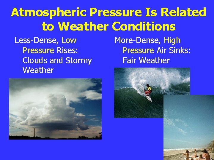 Atmospheric Pressure Is Related to Weather Conditions Less-Dense, Low Pressure Rises: Clouds and Stormy