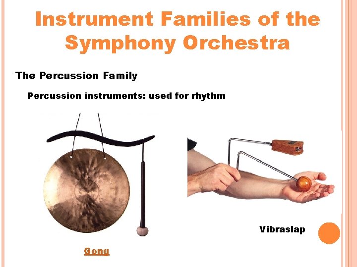 Instrument Families of the Symphony Orchestra The Percussion Family Percussion instruments: used for rhythm
