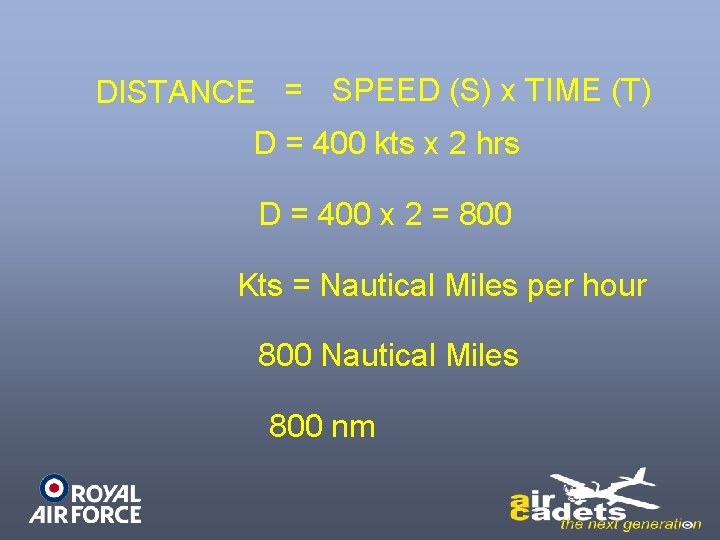 DISTANCE = SPEED (S) x TIME (T) D = 400 kts x 2 hrs DISTANCE = SPEED (S) x TIME (T) D = 400 kts x 2 hrs