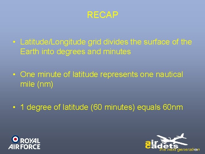 RECAP • Latitude/Longitude grid divides the surface of the Earth into degrees and minutes RECAP • Latitude/Longitude grid divides the surface of the Earth into degrees and minutes