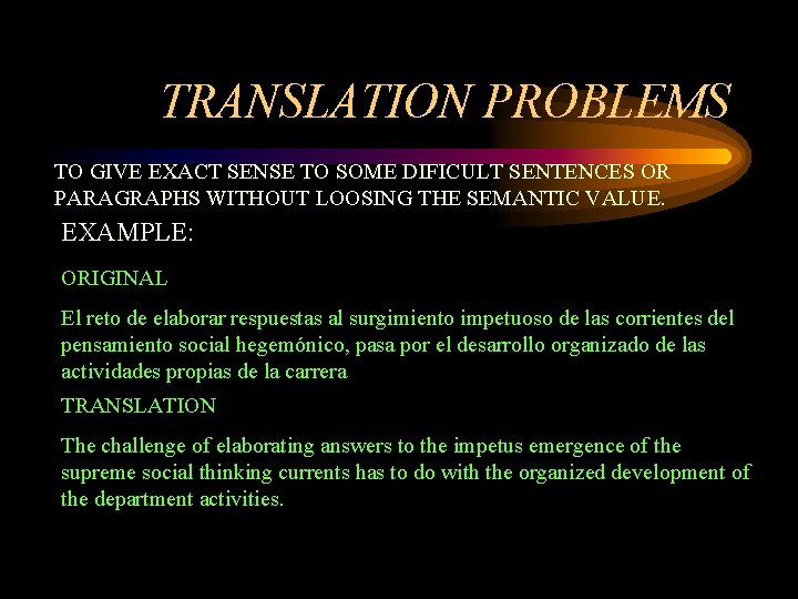 TRANSLATION PROBLEMS TO GIVE EXACT SENSE TO SOME DIFICULT SENTENCES OR PARAGRAPHS WITHOUT LOOSING