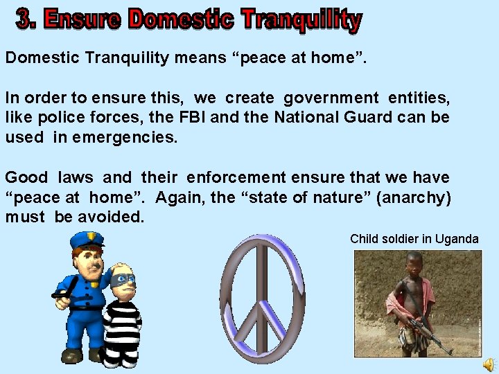 Domestic Tranquility means “peace at home”. In order to ensure this, we create government