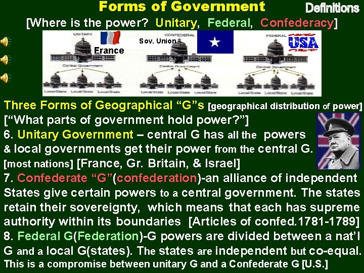 Forms of Government [Where is the power? Unitary, Federal, Confederacy] France Sov. Union Three