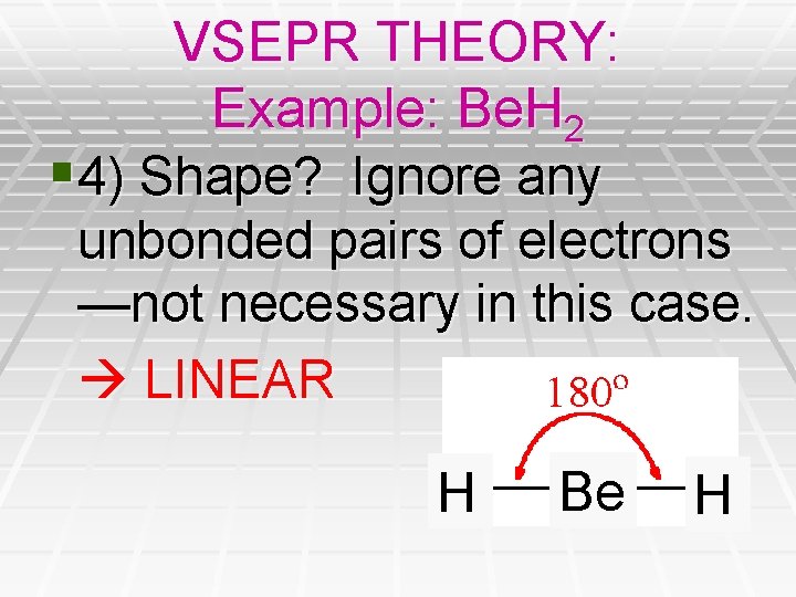 VSEPR THEORY: Example: Be. H 2 § 4) Shape? Ignore any unbonded pairs of VSEPR THEORY: Example: Be. H 2 § 4) Shape? Ignore any unbonded pairs of