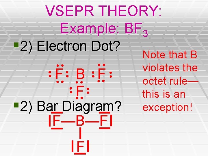 VSEPR THEORY: Example: BF 3 § 2) Electron Dot? Note that B F F VSEPR THEORY: Example: BF 3 § 2) Electron Dot? Note that B F F