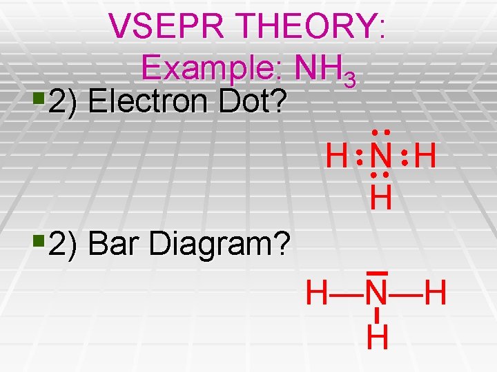 VSEPR THEORY: Example: NH 3 § 2) Electron Dot? H N H H § VSEPR THEORY: Example: NH 3 § 2) Electron Dot? H N H H §