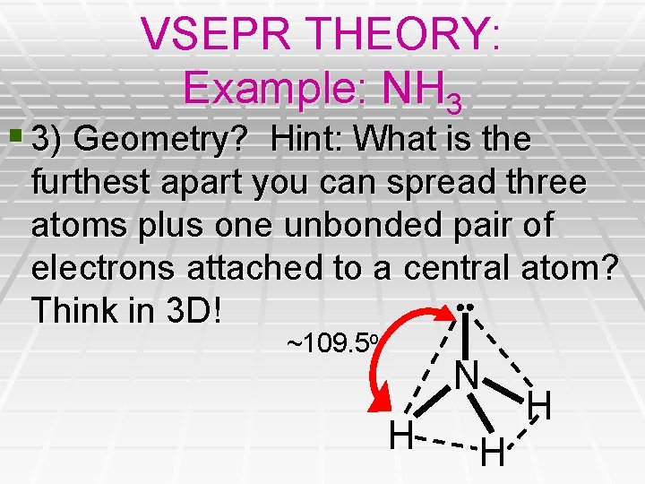 VSEPR THEORY: Example: NH 3 § 3) Geometry? Hint: What is the furthest apart VSEPR THEORY: Example: NH 3 § 3) Geometry? Hint: What is the furthest apart