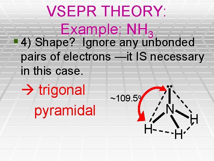 VSEPR THEORY: Example: NH 3 § 4) Shape? Ignore any unbonded pairs of electrons VSEPR THEORY: Example: NH 3 § 4) Shape? Ignore any unbonded pairs of electrons