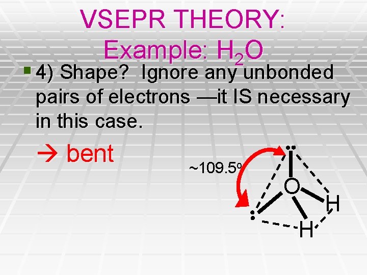 VSEPR THEORY: Example: H 2 O § 4) Shape? Ignore any unbonded pairs of VSEPR THEORY: Example: H 2 O § 4) Shape? Ignore any unbonded pairs of