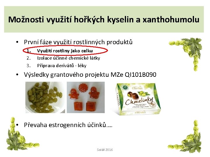 Možnosti využití hořkých kyselin a xanthohumolu • První fáze využití rostlinných produktů 1. 2.