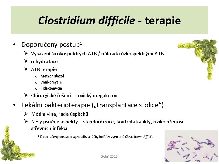 Clostridium difficile - terapie • Doporučený postup 1 Ø Vysazení širokospektrých ATB / náhrada