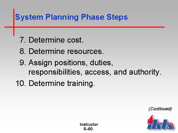 System Planning Phase Steps 7. Determine cost. 8. Determine resources. 9. Assign positions, duties,