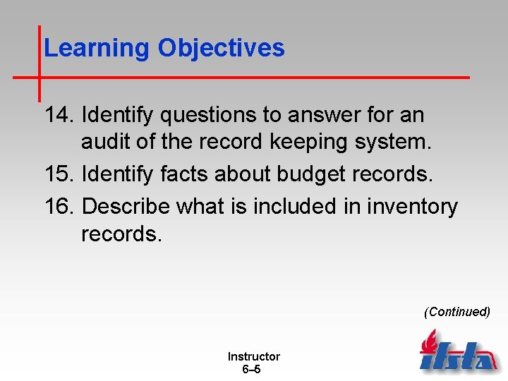 Learning Objectives 14. Identify questions to answer for an audit of the record keeping