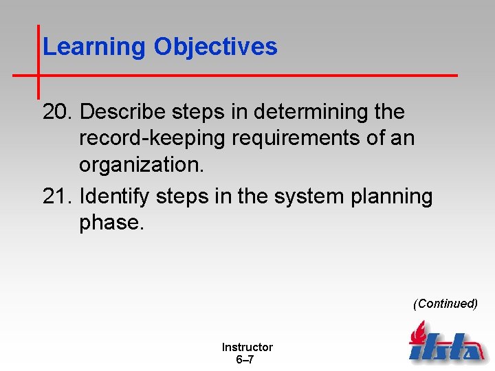 Learning Objectives 20. Describe steps in determining the record-keeping requirements of an organization. 21.