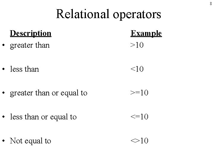 8 Relational operators Description • greater than Example >10 • less than <10 •