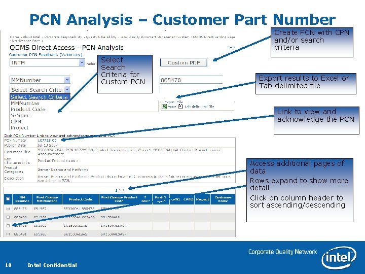 PCN Analysis – Customer Part Number Create PCN with CPN and/or search criteria Select