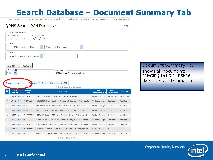 Search Database – Document Summary Tab shows all documents meeting search criteria default is