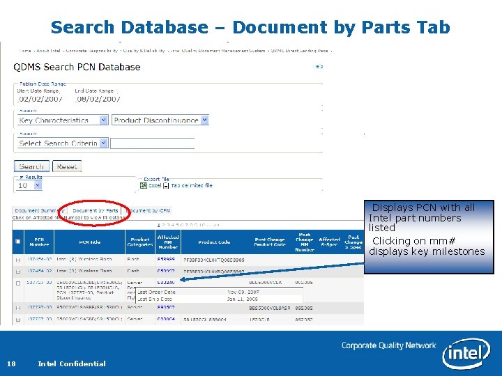 Search Database – Document by Parts Tab Displays PCN with all Intel part numbers