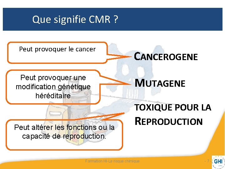 Que signifie CMR ? Peut provoquer le cancer Peut provoquer une modification génétique héréditaire Que signifie CMR ? Peut provoquer le cancer Peut provoquer une modification génétique héréditaire