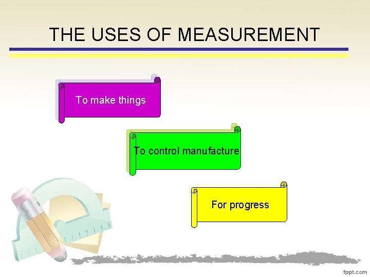 THE USES OF MEASUREMENT To make things To control manufacture For progress 