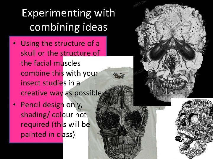 Experimenting with combining ideas • Using the structure of a skull or the structure