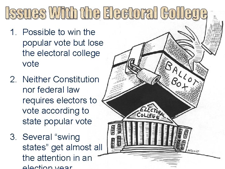 Issues With the Electoral College 1. Possible to win the popular vote but lose