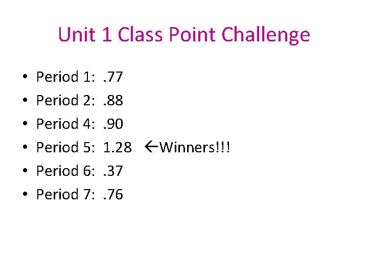 Unit 1 Class Point Challenge • • • Period 1: Period 2: Period 4: