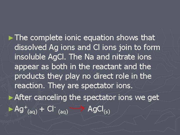 ► The complete ionic equation shows that dissolved Ag ions and Cl ions join