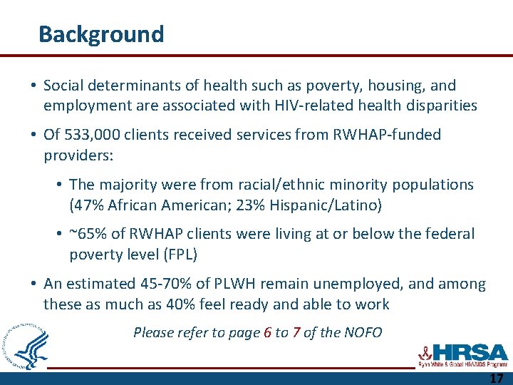 Background • Social determinants of health such as poverty, housing, and employment are associated