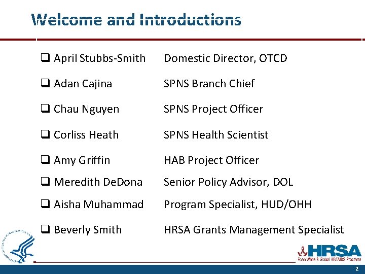 Welcome and Introductions q April Stubbs-Smith Domestic Director, OTCD q Adan Cajina SPNS Branch