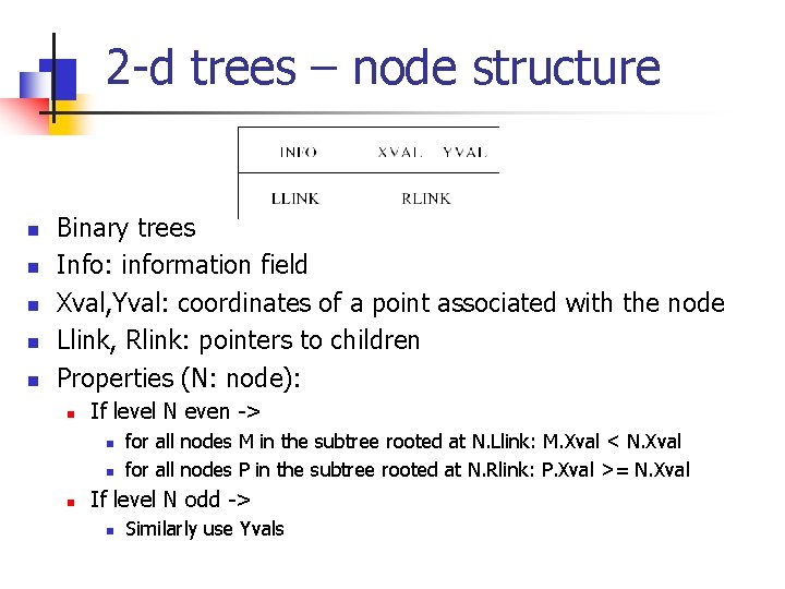 2 -d trees – node structure n n n Binary trees Info: information field